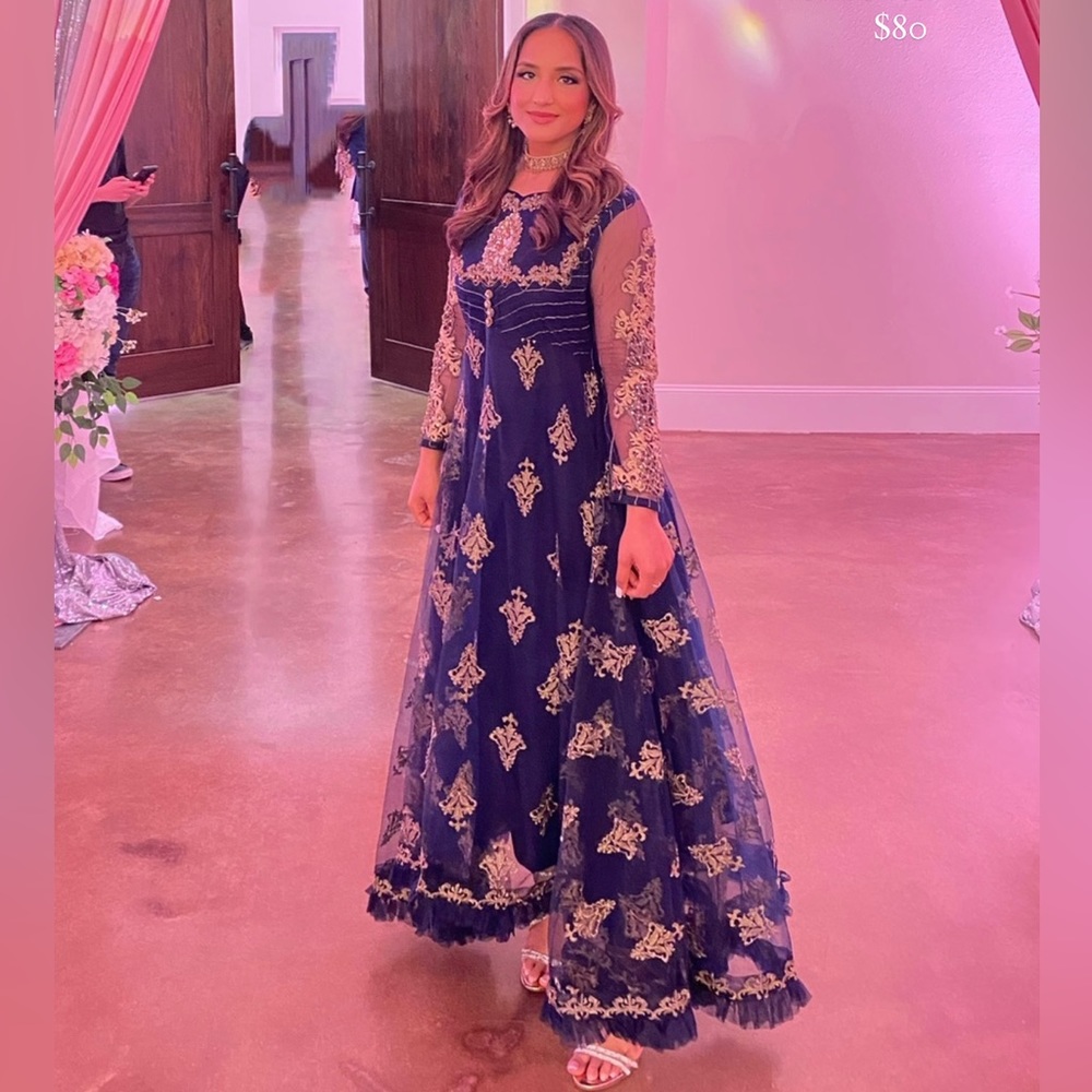 Zahra Rubab blue and gold dress